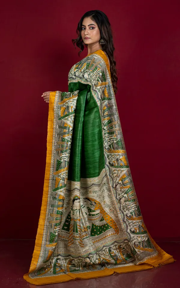 Traditional_Tussar_Ghicha_Kalamkari_Saree_In_Dark_Green_Amber_Yellow_Beige_And_Black