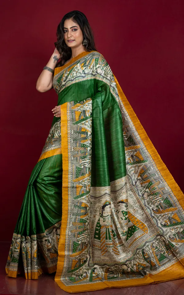 Traditional_Tussar_Ghicha_Kalamkari_Saree_In_Dark_Green_Amber_Yellow_Beige_And_Black