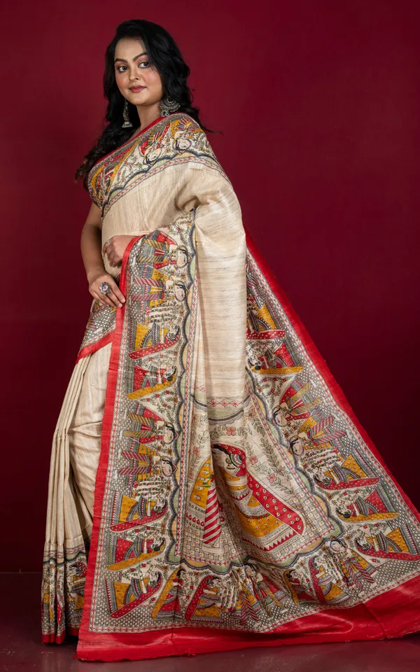 Traditional_Tussar_Ghicha_Kalamkari_Saree_In_Parmesan_Red_Amber_Yellow_Green_And_Black