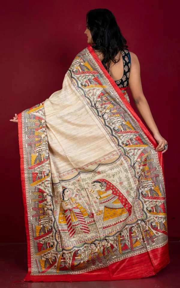 Traditional_Tussar_Ghicha_Kalamkari_Saree_In_Parmesan_Red_Amber_Yellow_Green_And_Black