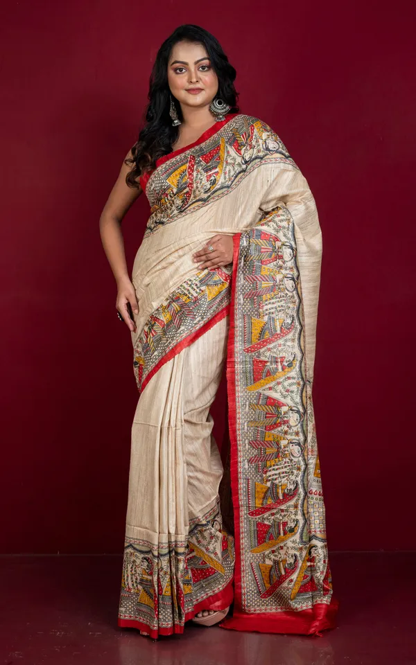 Traditional_Tussar_Ghicha_Kalamkari_Saree_In_Parmesan_Red_Amber_Yellow_Green_And_Black
