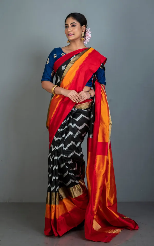 Designer_Skirt_Border_Ikkat_Pochampally_Silk_Saree_In_Black_Off_White_Red_Fire_Orange_And_Antique_Golden