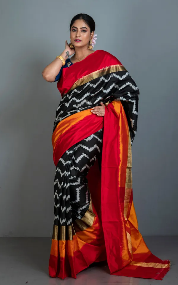 Designer_Skirt_Border_Ikkat_Pochampally_Silk_Saree_In_Black_Off_White_Red_Fire_Orange_And_Antique_Golden