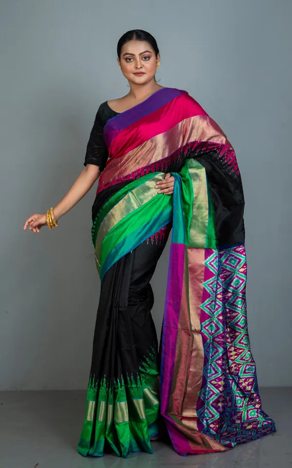 Designer_Skirt_Border_Ikkat_Pochampally_Silk_Saree_In_Black_And_Multicolor