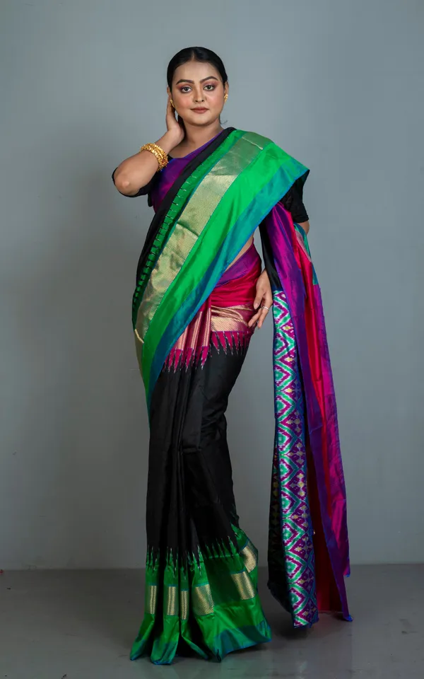 Designer_Skirt_Border_Ikkat_Pochampally_Silk_Saree_In_Black_And_Multicolor