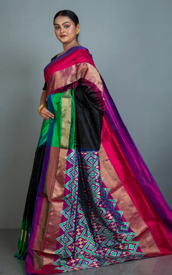 Designer_Skirt_Border_Ikkat_Pochampally_Silk_Saree_In_Black_And_Multicolor