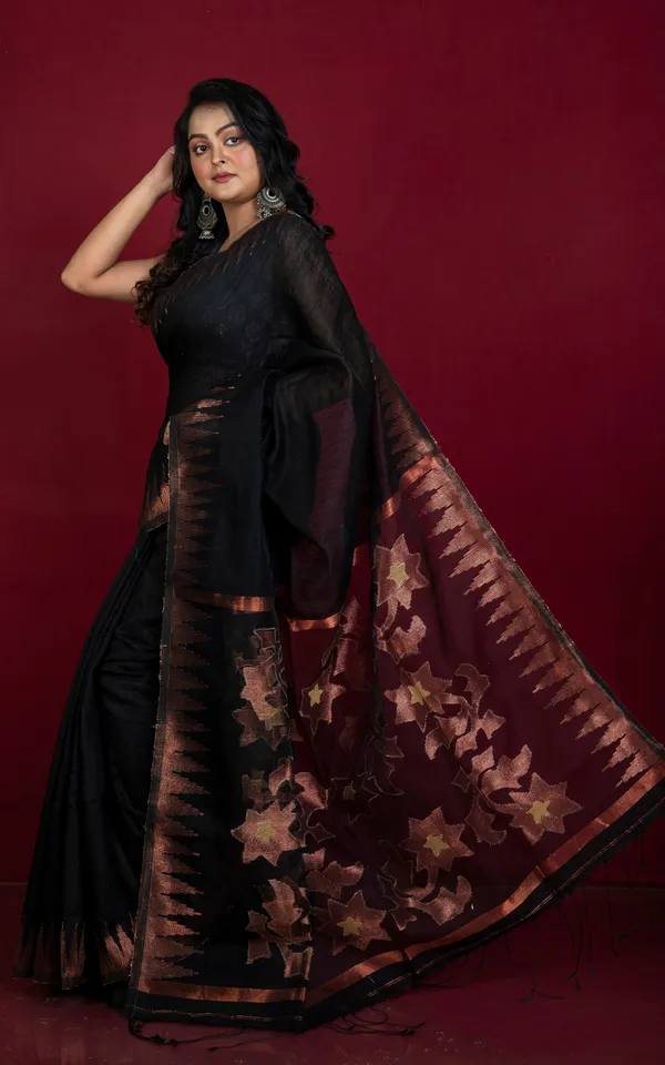 Crowned_Temple_Border_Matka_Tussar_Silk_Jamdani_Saree_In_Black_And_Copper_Zari_Work