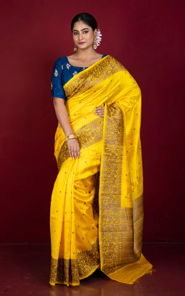 Hand_Woven_Dupion_Tussar_Raw_Silk_Saree_In_Golden_Yellow_And_Antique_Golden