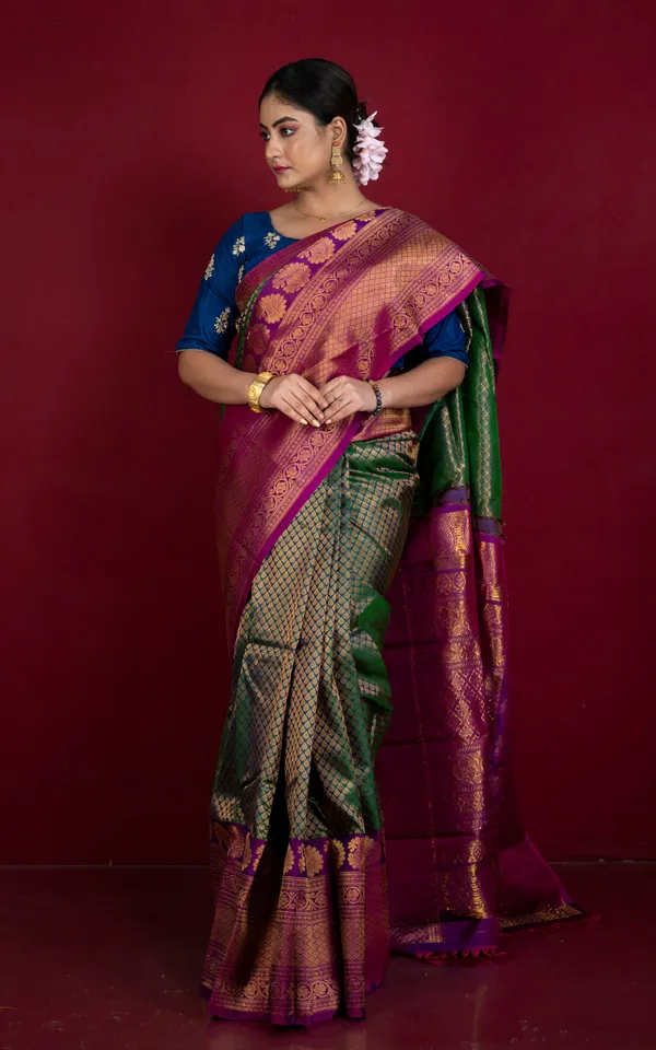 Exclusive_Mahapar_Tan_Chui_Brocade_Gadwal_Silk_Saree_In_Dark_Green_Purple_And_Golden_Zari_Work