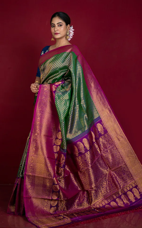 Exclusive_Mahapar_Tan_Chui_Brocade_Gadwal_Silk_Saree_In_Dark_Green_Purple_And_Golden_Zari_Work