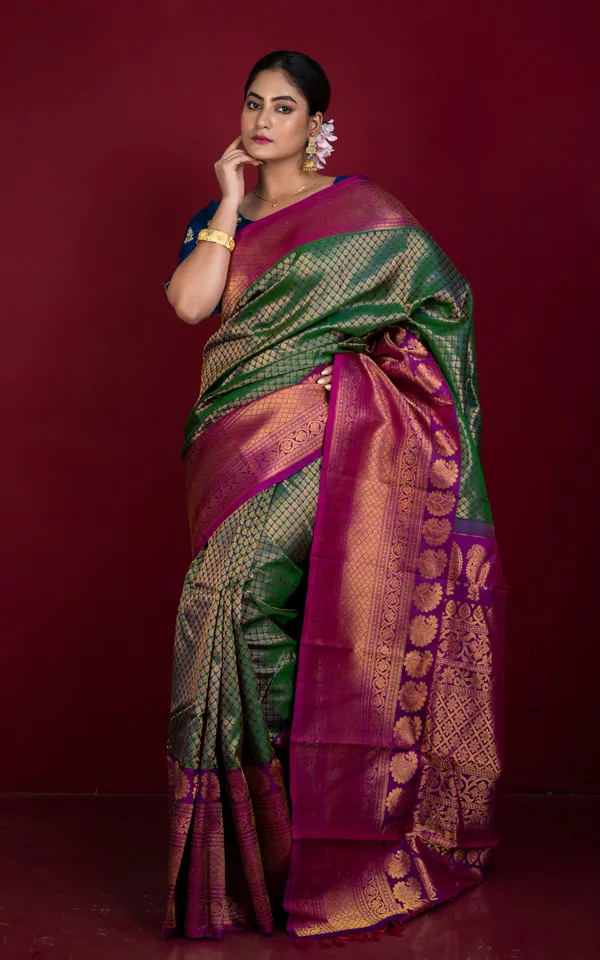 Exclusive_Mahapar_Tan_Chui_Brocade_Gadwal_Silk_Saree_In_Dark_Green_Purple_And_Golden_Zari_Work