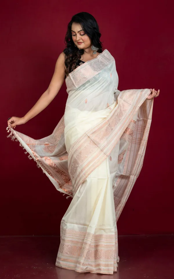 Hand_Woven_Tussar_Cotton_Silk_Banarasi_Katan_Saree_In_Off_White_And_Copper