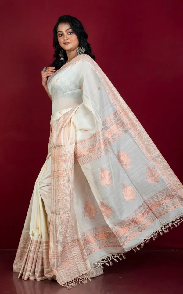 Hand_Woven_Tussar_Cotton_Silk_Banarasi_Katan_Saree_In_Off_White_And_Copper