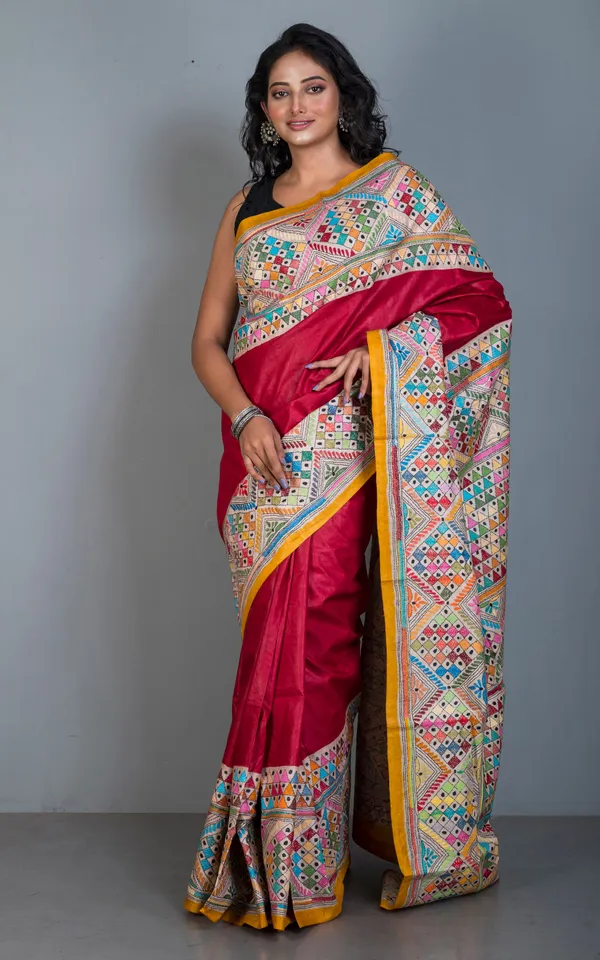Tie_Dye_Gachi_Tussar_Silk_Hand_Embroidery_Kantha_Stitch_Saree_In_Bright_Red_Amber_Yellow_And_Multicolor_Thread_Work