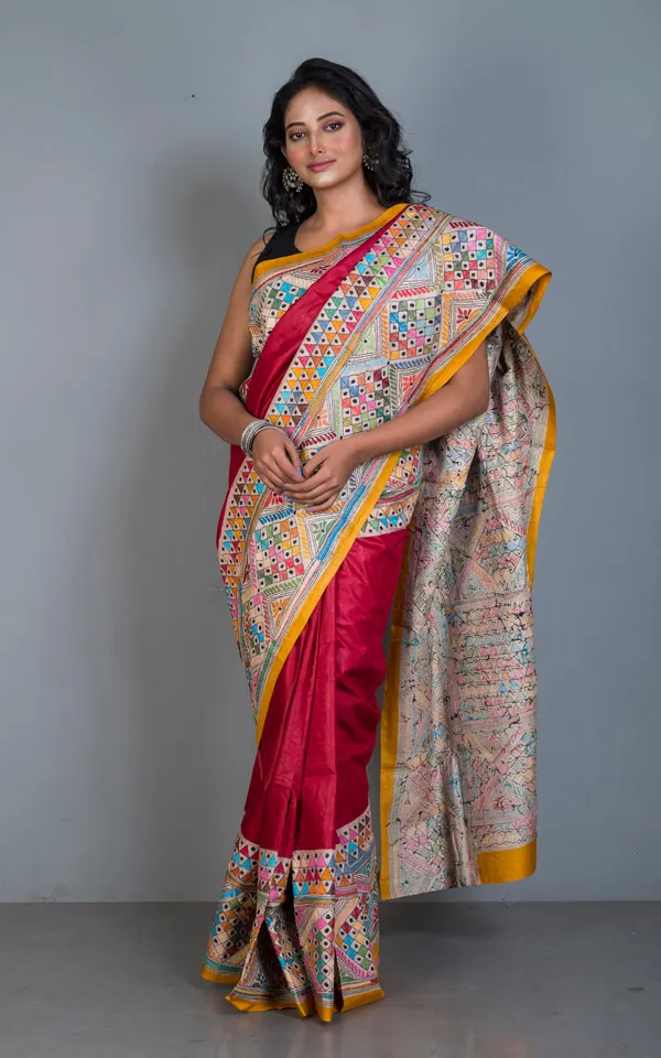 Tie_Dye_Gachi_Tussar_Silk_Hand_Embroidery_Kantha_Stitch_Saree_In_Bright_Red_Amber_Yellow_And_Multicolor_Thread_Work