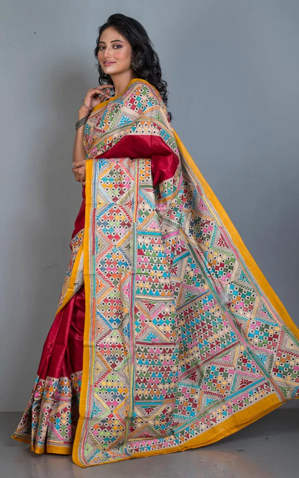 Tie_Dye_Gachi_Tussar_Silk_Hand_Embroidery_Kantha_Stitch_Saree_In_Bright_Red_Amber_Yellow_And_Multicolor_Thread_Work