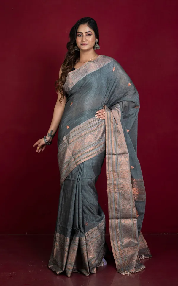 Hand_Woven_Tussar_Cotton_Silk_Banarasi_Katan_Saree_In_Metallic_Grey_And_Copper