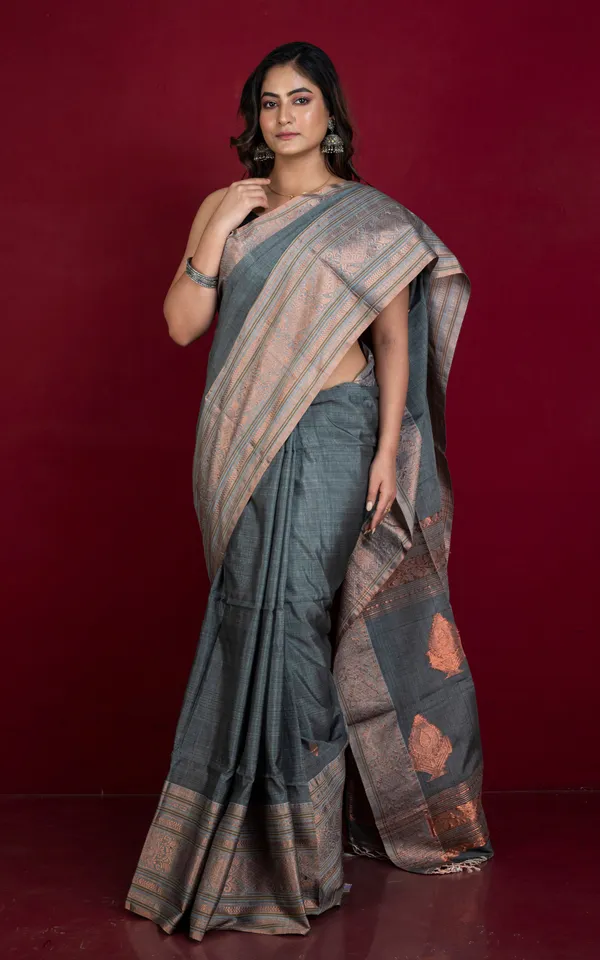 Hand_Woven_Tussar_Cotton_Silk_Banarasi_Katan_Saree_In_Metallic_Grey_And_Copper