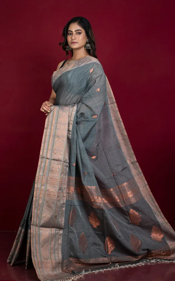Hand_Woven_Tussar_Cotton_Silk_Banarasi_Katan_Saree_In_Metallic_Grey_And_Copper