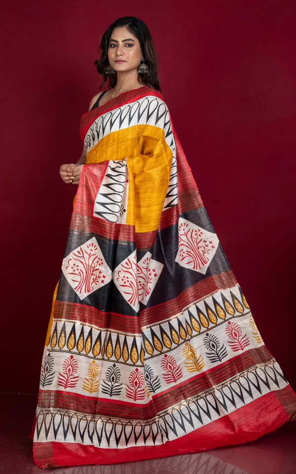 Soft_Quality_Block_Printed_Pure_Ghicha_Tussar_Silk_Saree_In_Mustard_Yellow_Off_White_Black_Red
