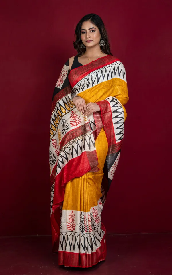 Soft_Quality_Block_Printed_Pure_Ghicha_Tussar_Silk_Saree_In_Mustard_Yellow_Off_White_Black_Red