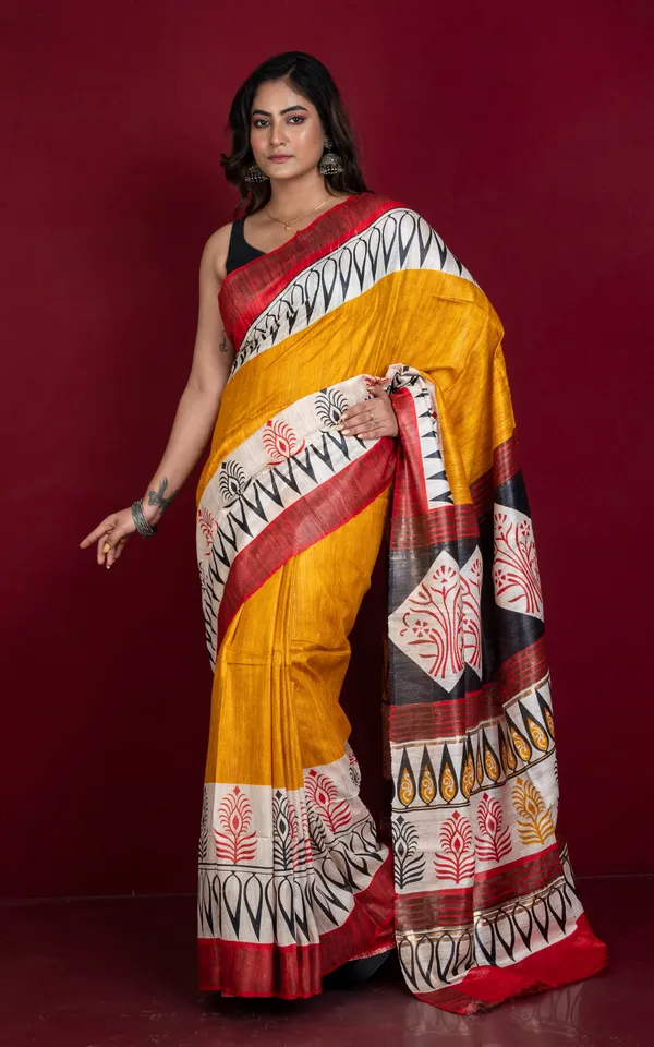 Soft_Quality_Block_Printed_Pure_Ghicha_Tussar_Silk_Saree_In_Mustard_Yellow_Off_White_Black_Red