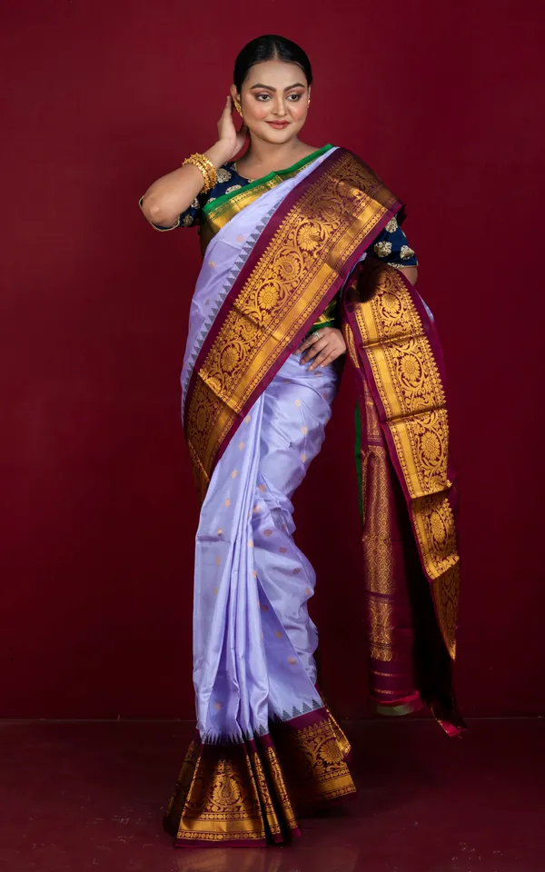 Exclusive_Mahapar_Gadwal_Silk_Saree_In_Light_Purple_Wine_Natural_Green_And_Golden_Zari_Weave