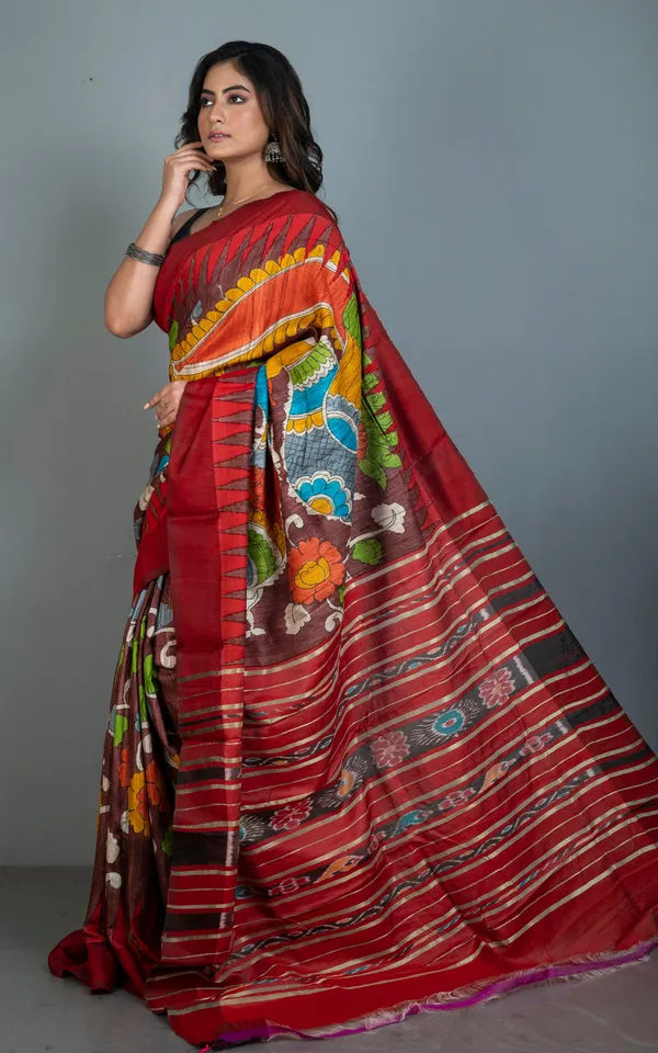 Hand_Painted_Pen_Kalamkari_Over_Sambalpuri_Tussar_Kotki_Silk_Saree_In_Chocolate_Brown_Dark_Red_And_Multicolor