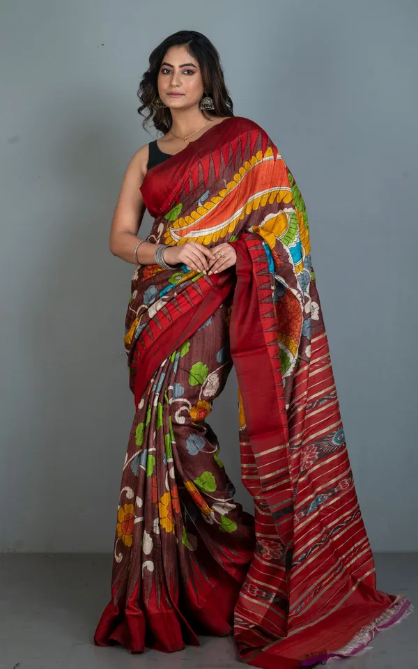 Hand_Painted_Pen_Kalamkari_Over_Sambalpuri_Tussar_Kotki_Silk_Saree_In_Chocolate_Brown_Dark_Red_And_Multicolor