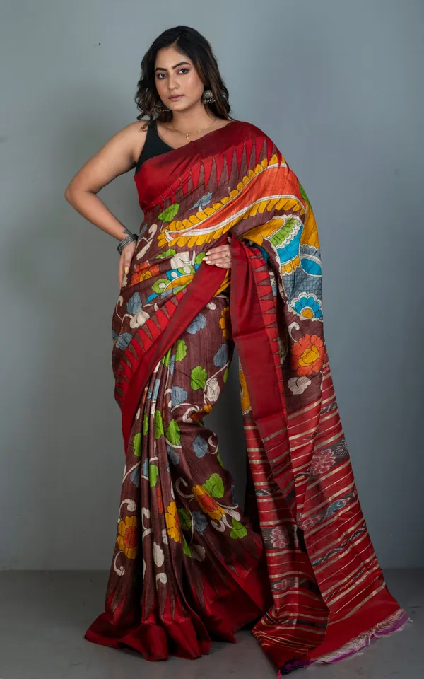 Hand_Painted_Pen_Kalamkari_Over_Sambalpuri_Tussar_Kotki_Silk_Saree_In_Chocolate_Brown_Dark_Red_And_Multicolor