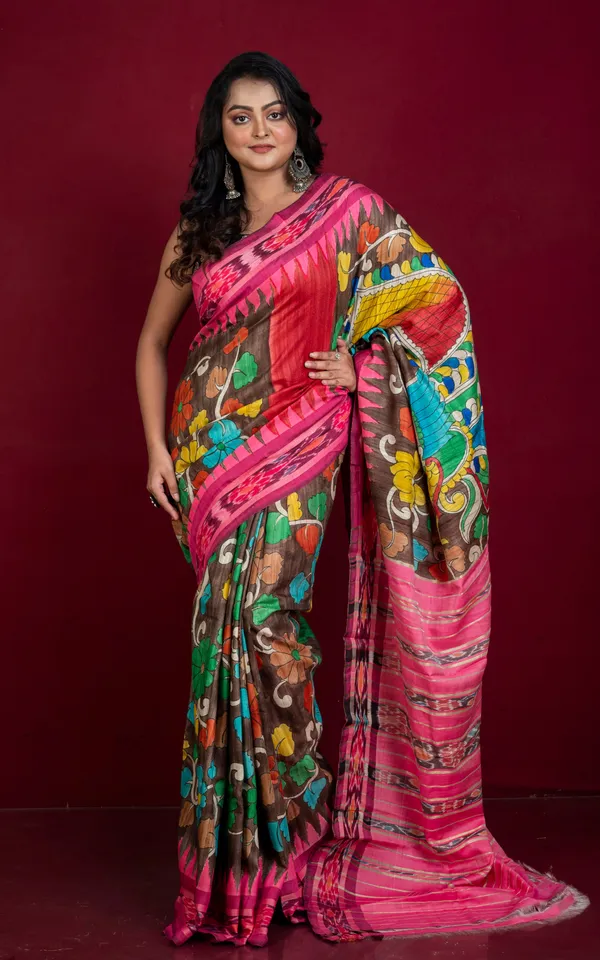 Hand_Painted_Pen_Kalamkari_Over_Sambalpuri_Tussar_Kotki_Silk_Saree_In_Coffee_Brown_Vibrant_Pink_And_Multicolor