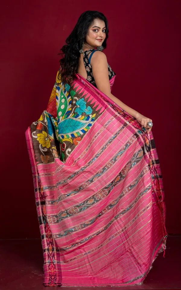 Hand_Painted_Pen_Kalamkari_Over_Sambalpuri_Tussar_Kotki_Silk_Saree_In_Coffee_Brown_Vibrant_Pink_And_Multicolor