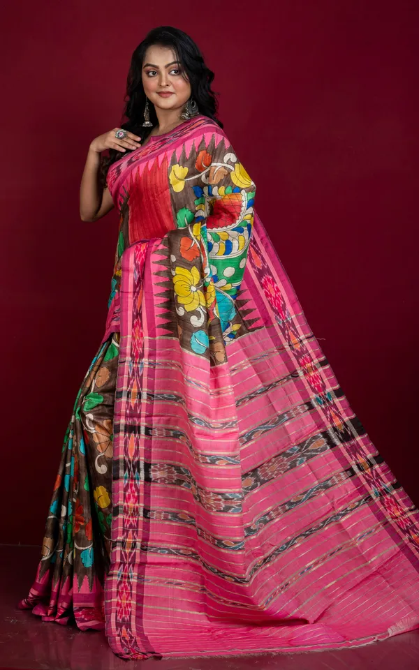 Hand_Painted_Pen_Kalamkari_Over_Sambalpuri_Tussar_Kotki_Silk_Saree_In_Coffee_Brown_Vibrant_Pink_And_Multicolor