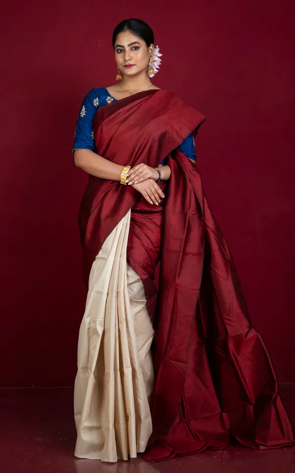 Designer_Half_Bishnupuri_Katan_Pure_Silk_And_Half_Gachi_Tussar_Silk_Saree_In_Maroon_And_Beige