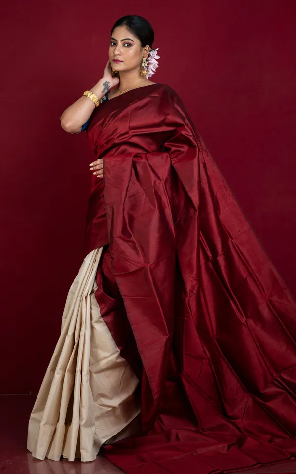 Designer_Half_Bishnupuri_Katan_Pure_Silk_And_Half_Gachi_Tussar_Silk_Saree_In_Maroon_And_Beige
