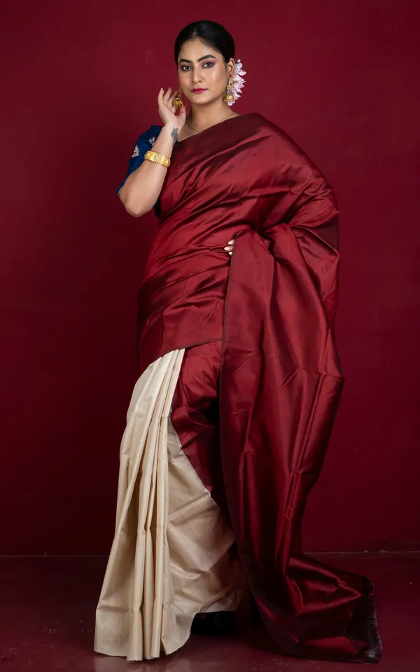 Designer_Half_Bishnupuri_Katan_Pure_Silk_And_Half_Gachi_Tussar_Silk_Saree_In_Maroon_And_Beige