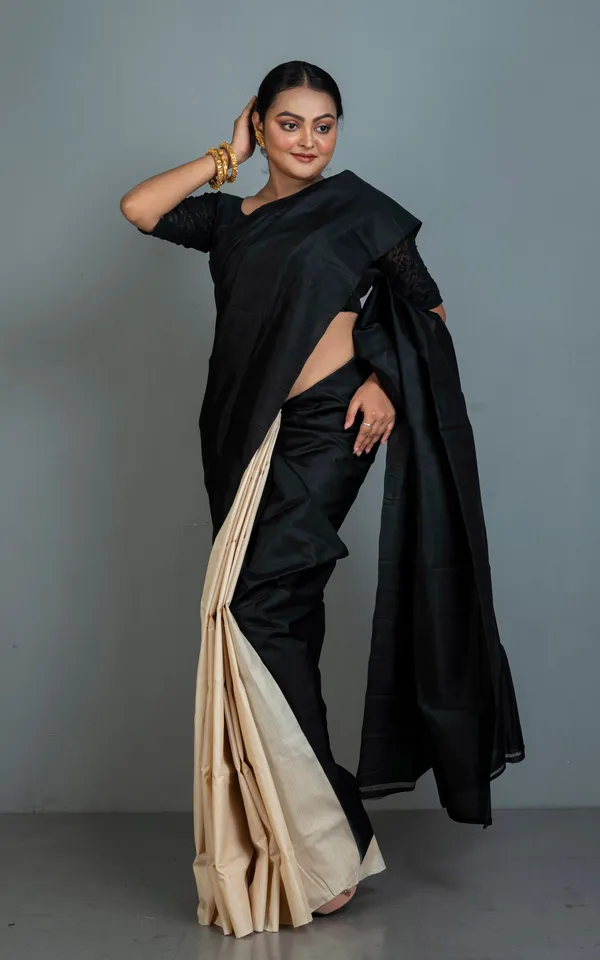 Designer_Half_Bishnupuri_Katan_Pure_Silk_And_Half_Gachi_Tussar_Silk_Saree_In_Black_And_Beige