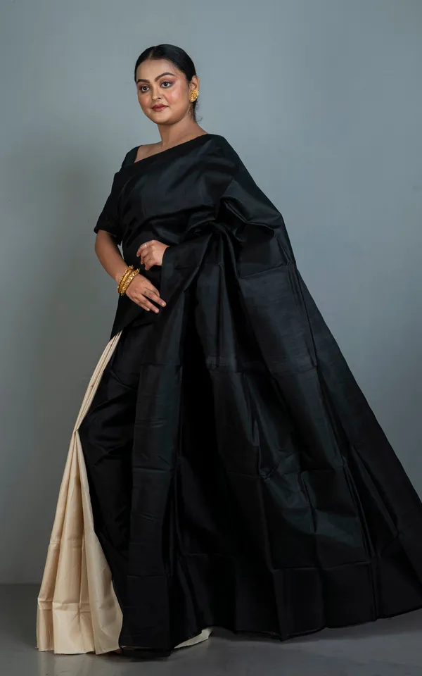 Designer_Half_Bishnupuri_Katan_Pure_Silk_And_Half_Gachi_Tussar_Silk_Saree_In_Black_And_Beige