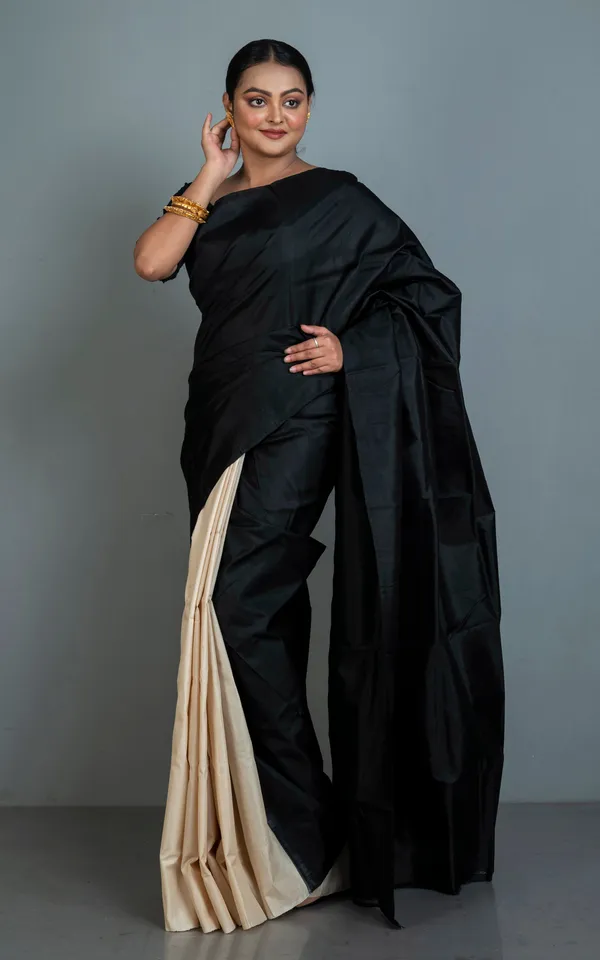 Designer_Half_Bishnupuri_Katan_Pure_Silk_And_Half_Gachi_Tussar_Silk_Saree_In_Black_And_Beige