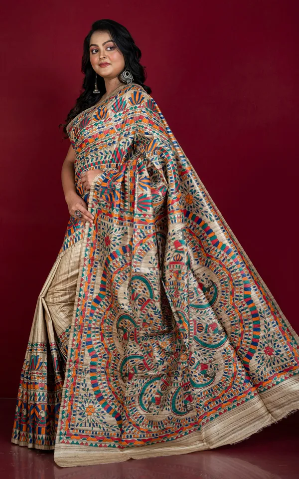 Premium_Quality_Hand_Paint_Madhubani_On_Natural_Ghicha_Tussar_Silk_Saree_In_Beige_And_Multicolor