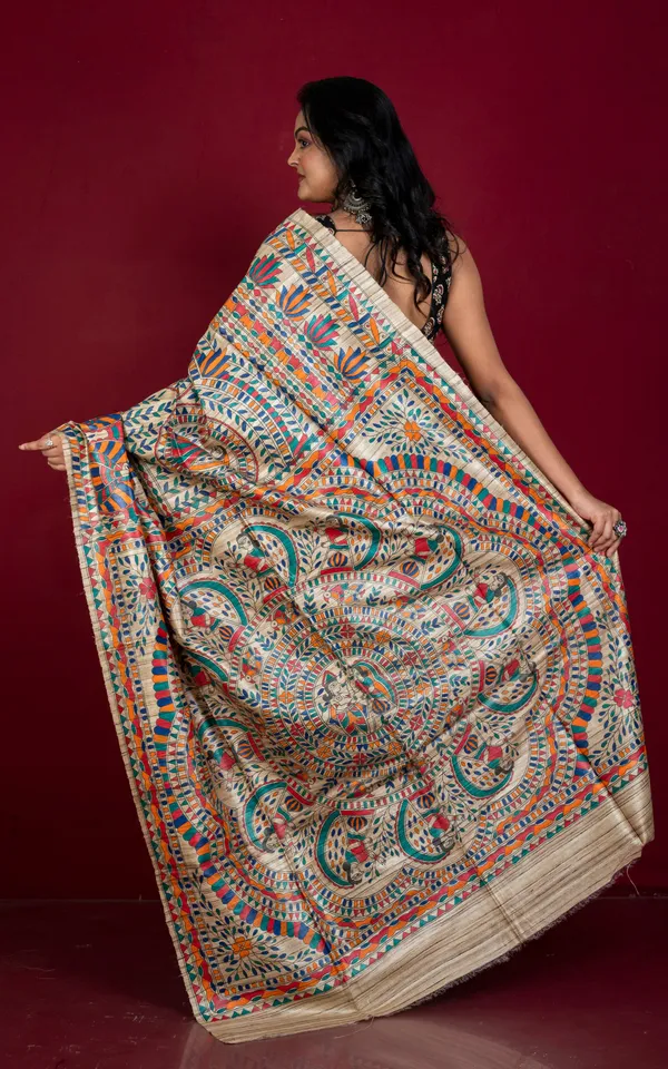 Premium_Quality_Hand_Paint_Madhubani_On_Natural_Ghicha_Tussar_Silk_Saree_In_Beige_And_Multicolor