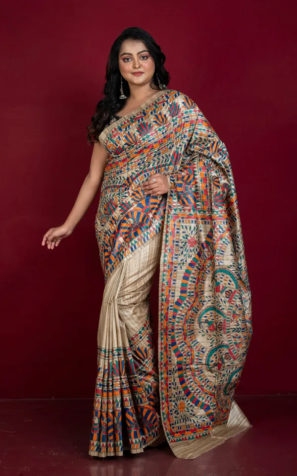 Premium_Quality_Hand_Paint_Madhubani_On_Natural_Ghicha_Tussar_Silk_Saree_In_Beige_And_Multicolor