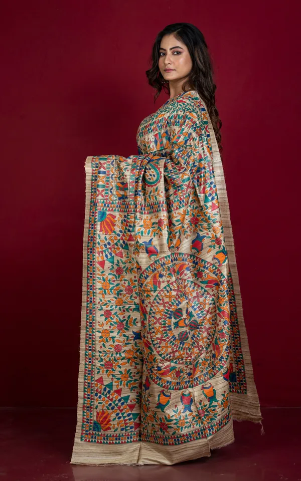 Premium_Quality_Hand_Paint_Madhubani_On_Natural_Ghicha_Tussar_Silk_Saree_In_Natural_Beige_And_Multicolor