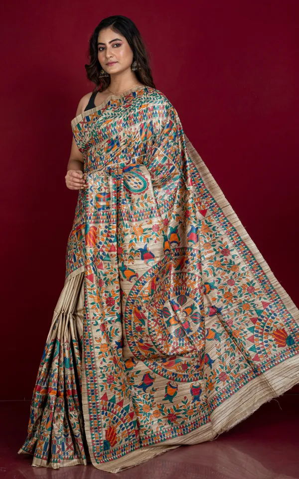 Premium_Quality_Hand_Paint_Madhubani_On_Natural_Ghicha_Tussar_Silk_Saree_In_Natural_Beige_And_Multicolor