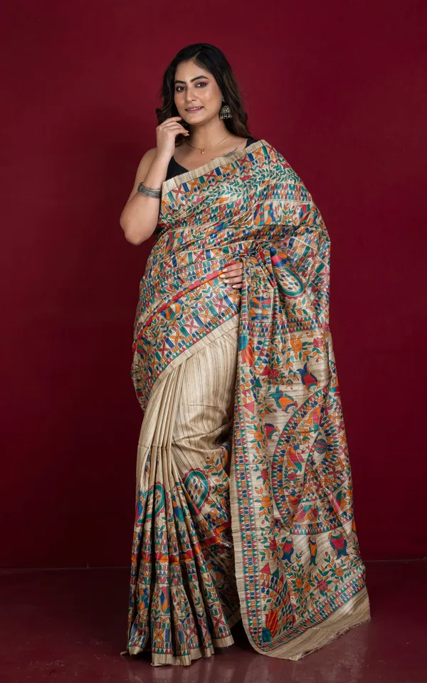 Premium_Quality_Hand_Paint_Madhubani_On_Natural_Ghicha_Tussar_Silk_Saree_In_Natural_Beige_And_Multicolor