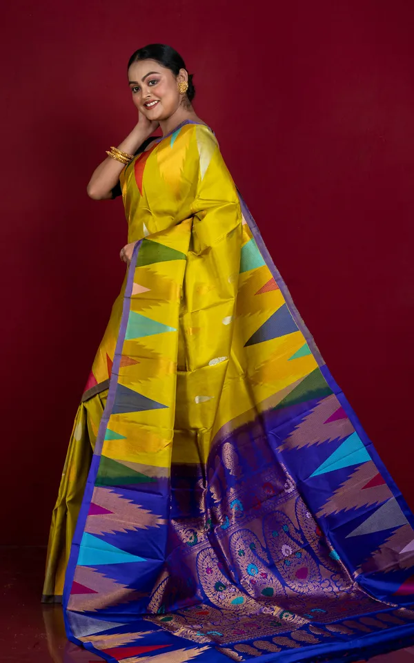 Exclusive_Mahapar_Crowned_Temple_Border_Gadwal_Silk_Saree_In_Olive_Yellow_Royal_Blue_Golden_And_Multicolor_Weave