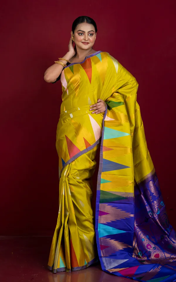 Exclusive_Mahapar_Crowned_Temple_Border_Gadwal_Silk_Saree_In_Olive_Yellow_Royal_Blue_Golden_And_Multicolor_Weave