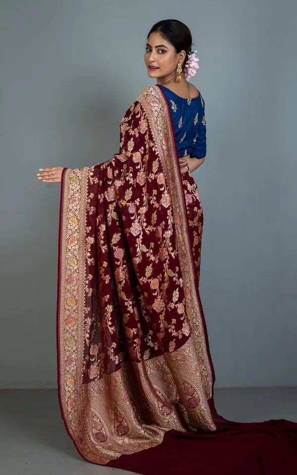 Hand_Woven_Rangkart_Meenakari_Brocade_Work_Khaddi_Georgette_Banarasi_Saree_In_Maroon_Multicolor_Water_Golden