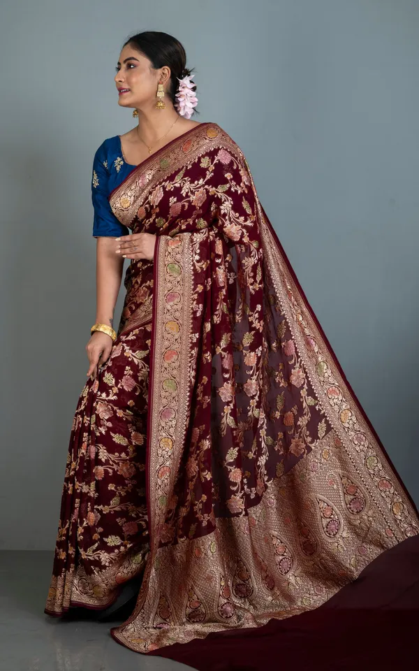 Hand_Woven_Rangkart_Meenakari_Brocade_Work_Khaddi_Georgette_Banarasi_Saree_In_Maroon_Multicolor_Water_Golden