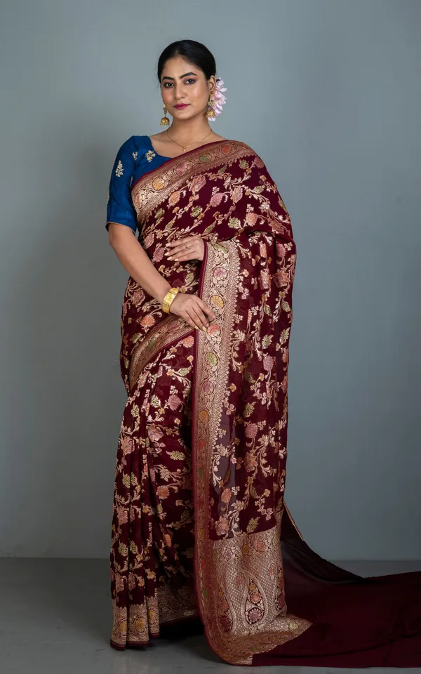 Hand_Woven_Rangkart_Meenakari_Brocade_Work_Khaddi_Georgette_Banarasi_Saree_In_Maroon_Multicolor_Water_Golden